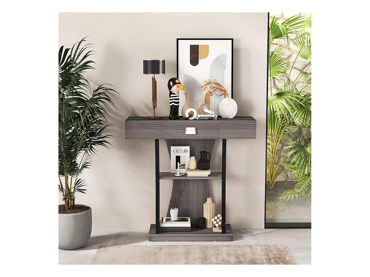 Table de console industrielle à 3 étagères avec tiroir, 91 x 30 x 88cm (Gris)