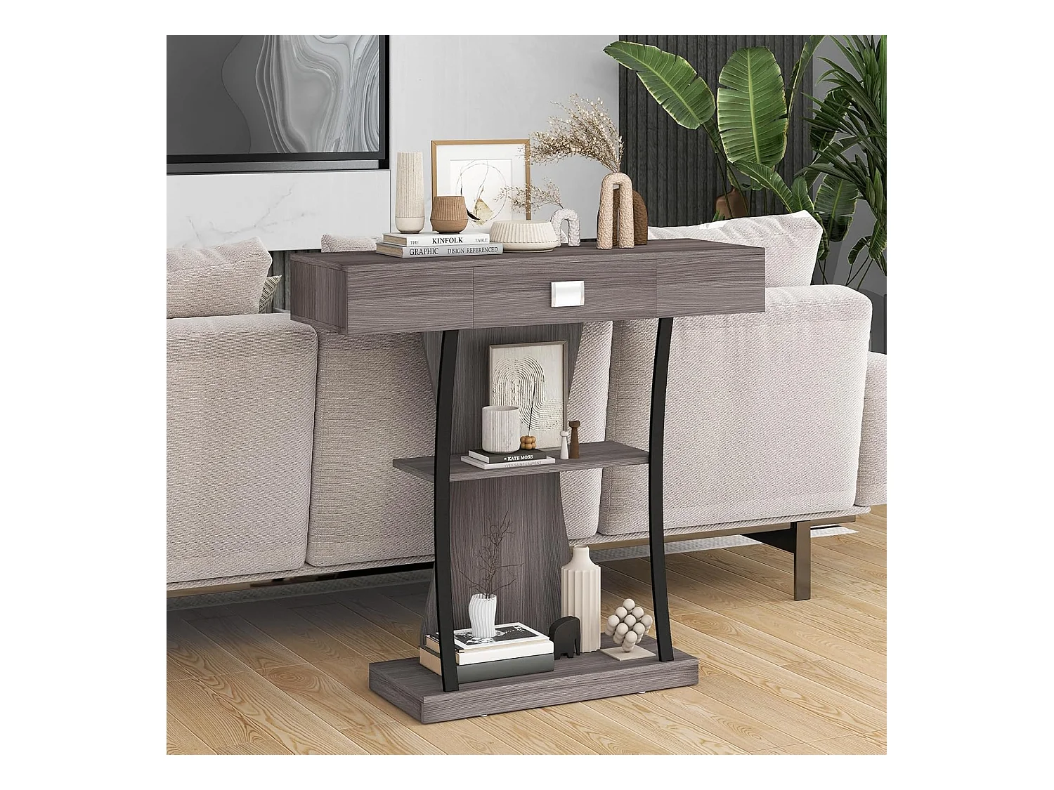 Table de console industrielle à 3 étagères avec tiroir, 91 x 30 x 88cm (Gris)