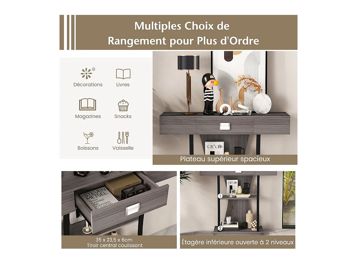 Table de console industrielle à 3 étagères avec tiroir, 91 x 30 x 88cm (Gris)