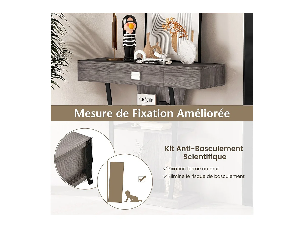Table de console industrielle à 3 étagères avec tiroir, 91 x 30 x 88cm (Gris)