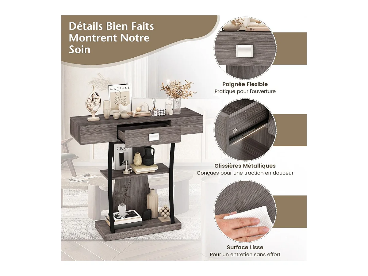 Table de console industrielle à 3 étagères avec tiroir, 91 x 30 x 88cm (Gris)