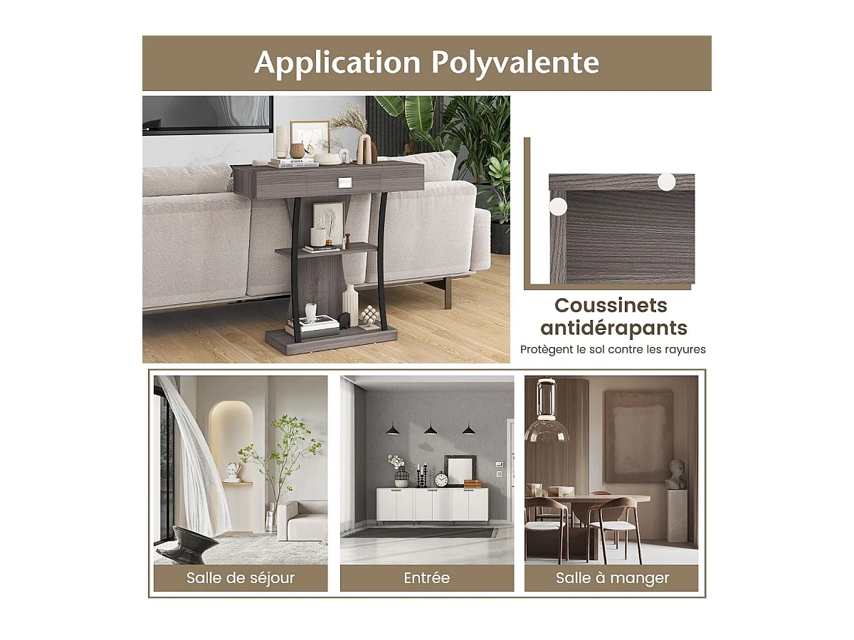 Table de console industrielle à 3 étagères avec tiroir, 91 x 30 x 88cm (Gris)