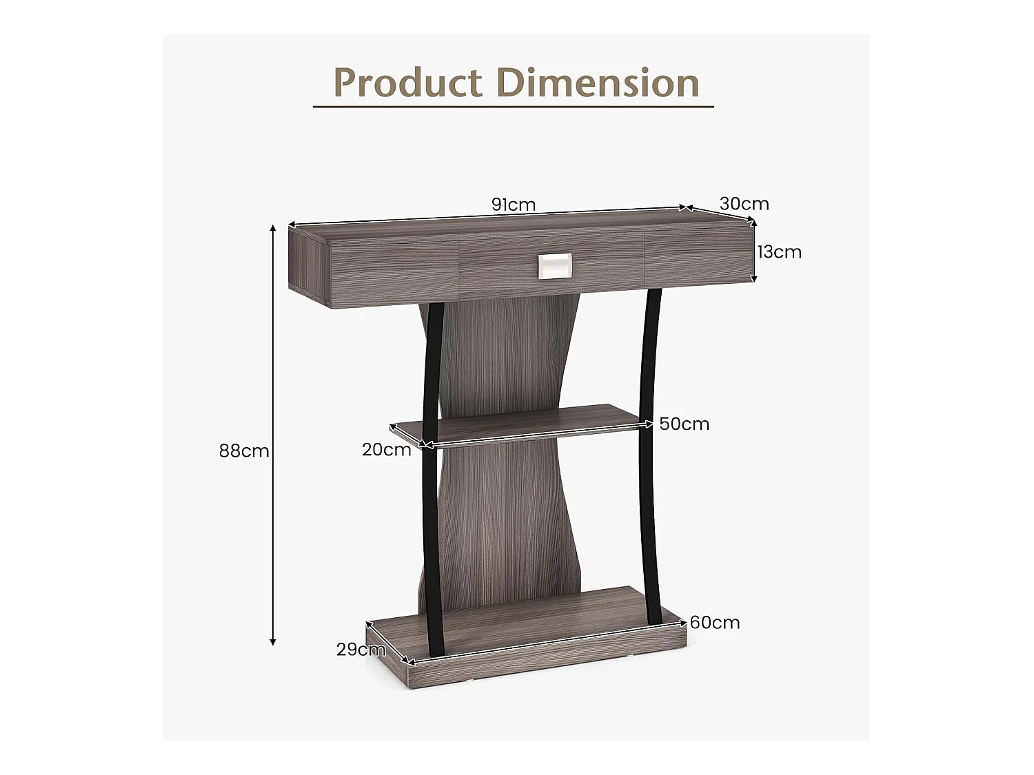 Table de console industrielle à 3 étagères avec tiroir, 91 x 30 x 88cm (Gris)