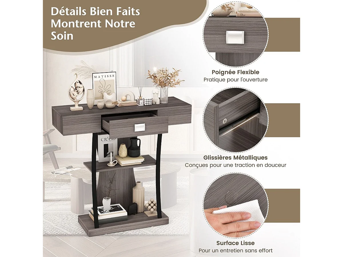 Table de console industrielle à 3 étagères avec tiroir, 91 x 30 x 88cm (Gris)