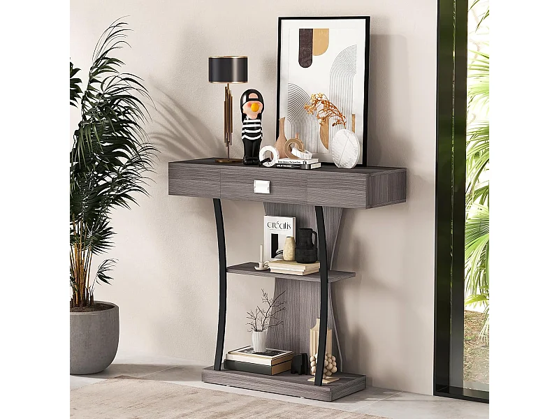 Table de console industrielle à 3 étagères avec tiroir, 91 x 30 x 88cm (Gris)
