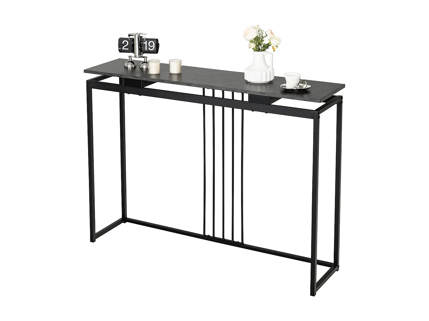 Table Console en Faux Marbre, Meuble Console Entrée avec Cadre en Acier Enduit de Poudre, Table d'Entrée avec Kit Anti-basculement pour Salon, Couloir, 120x30x90cm (Noir）