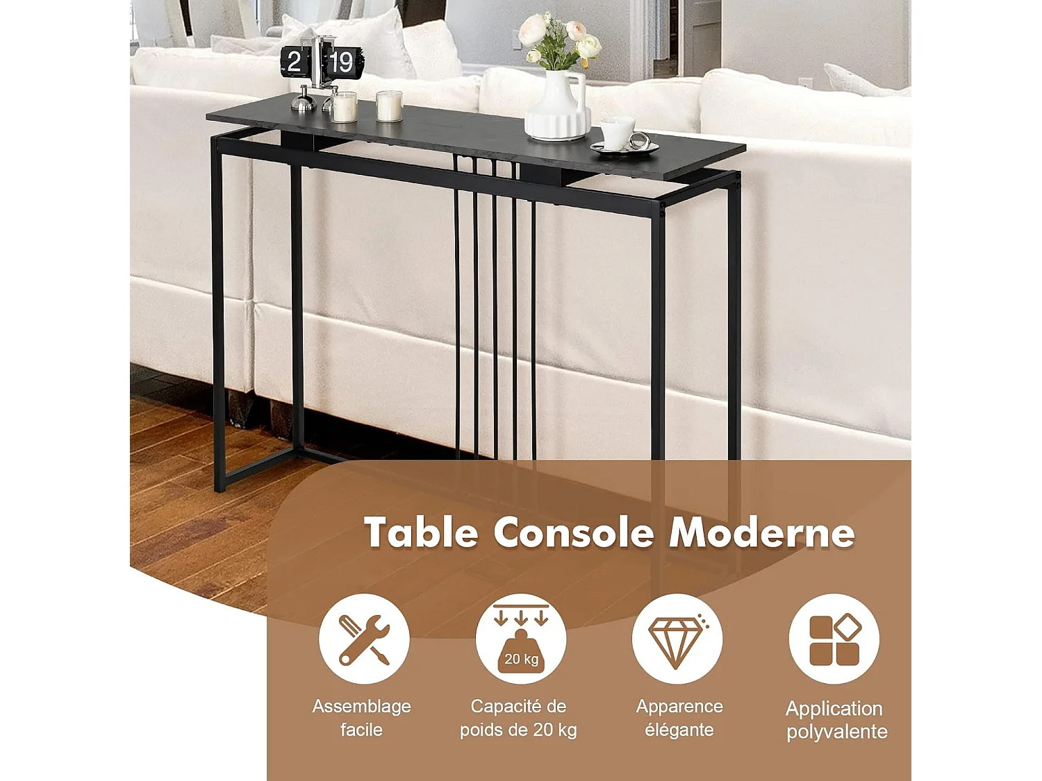 Table Console en Faux Marbre, Meuble Console Entrée avec Cadre en Acier Enduit de Poudre, Table d'Entrée avec Kit Anti-basculement pour Salon, Couloir, 120x30x90cm (Noir）