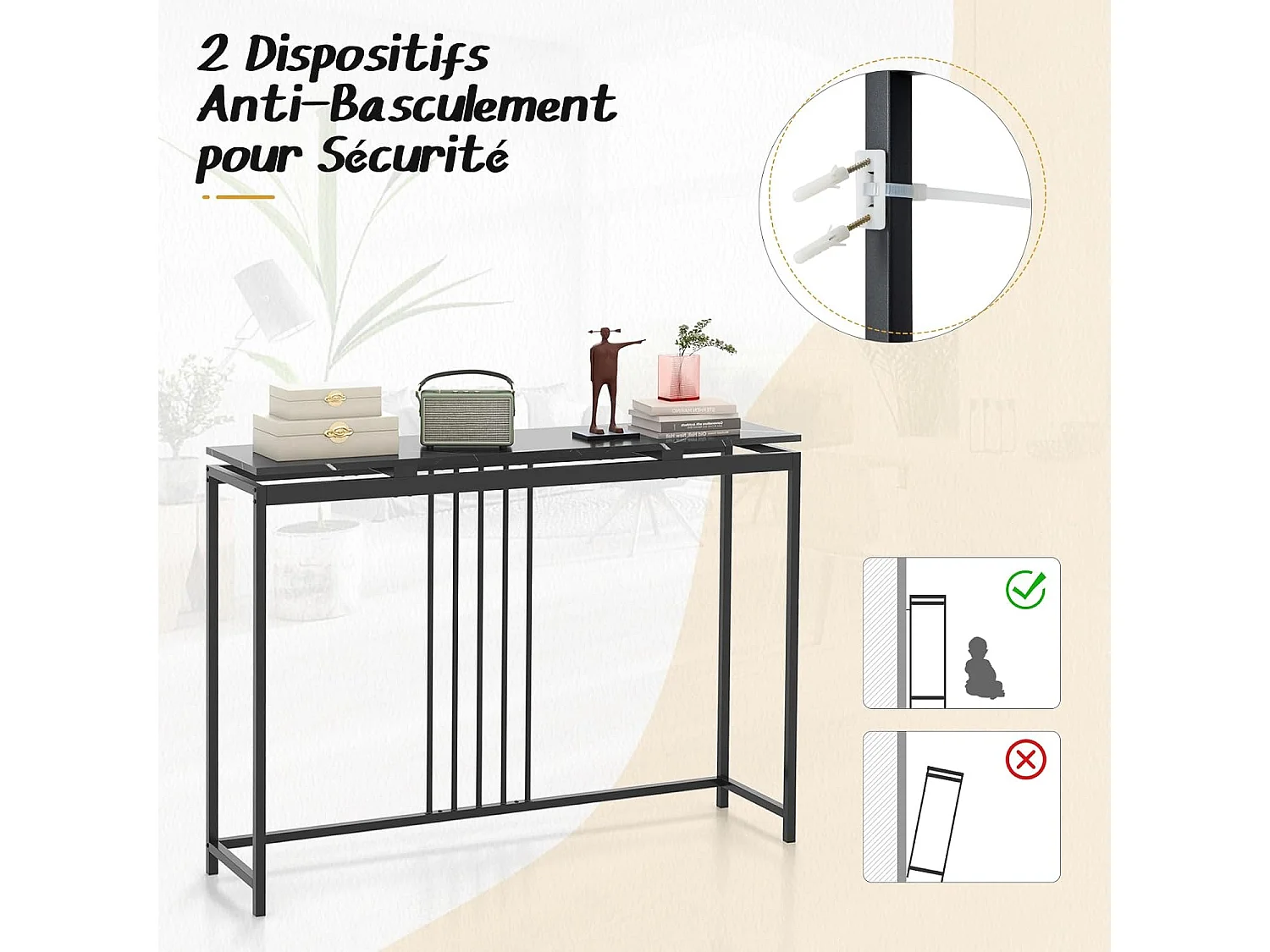 Table Console en Faux Marbre, Meuble Console Entrée avec Cadre en Acier Enduit de Poudre, Table d'Entrée avec Kit Anti-basculement pour Salon, Couloir, 120x30x90cm (Noir）