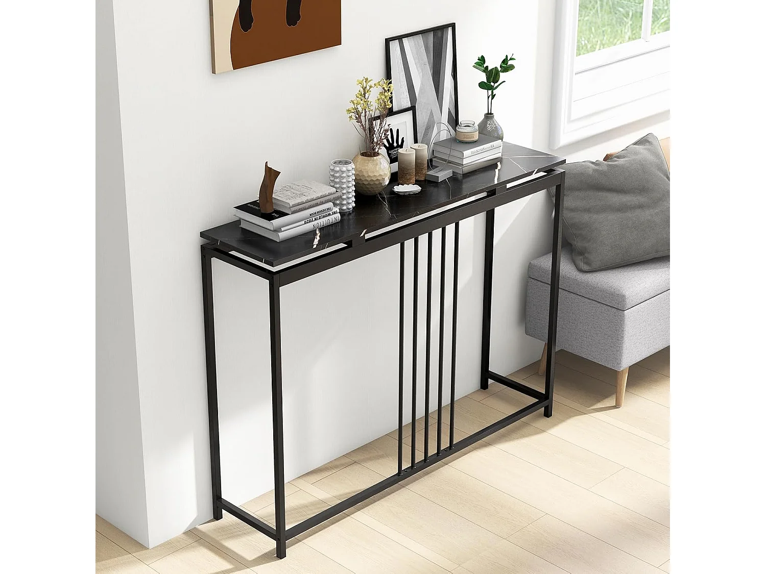 Table Console en Faux Marbre, Meuble Console Entrée avec Cadre en Acier Enduit de Poudre, Table d'Entrée avec Kit Anti-basculement pour Salon, Couloir, 120x30x90cm (Noir）