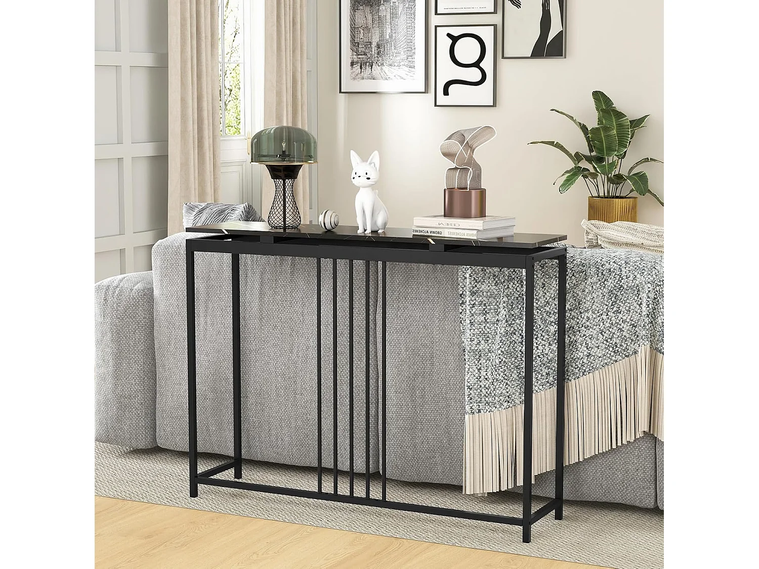 Table Console en Faux Marbre, Meuble Console Entrée avec Cadre en Acier Enduit de Poudre, Table d'Entrée avec Kit Anti-basculement pour Salon, Couloir, 120x30x90cm (Noir）