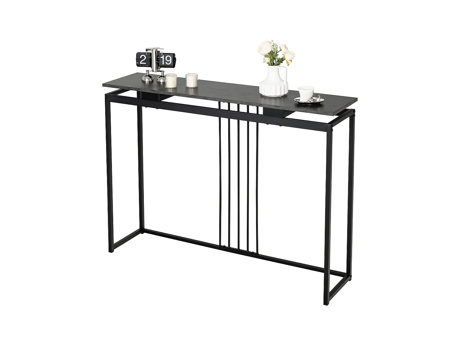 Table Console en Faux Marbre, Meuble Console Entrée avec Cadre en Acier Enduit de Poudre, Table d'Entrée avec Kit Anti-basculement pour Salon, Couloir, 120x30x90cm (Noir）