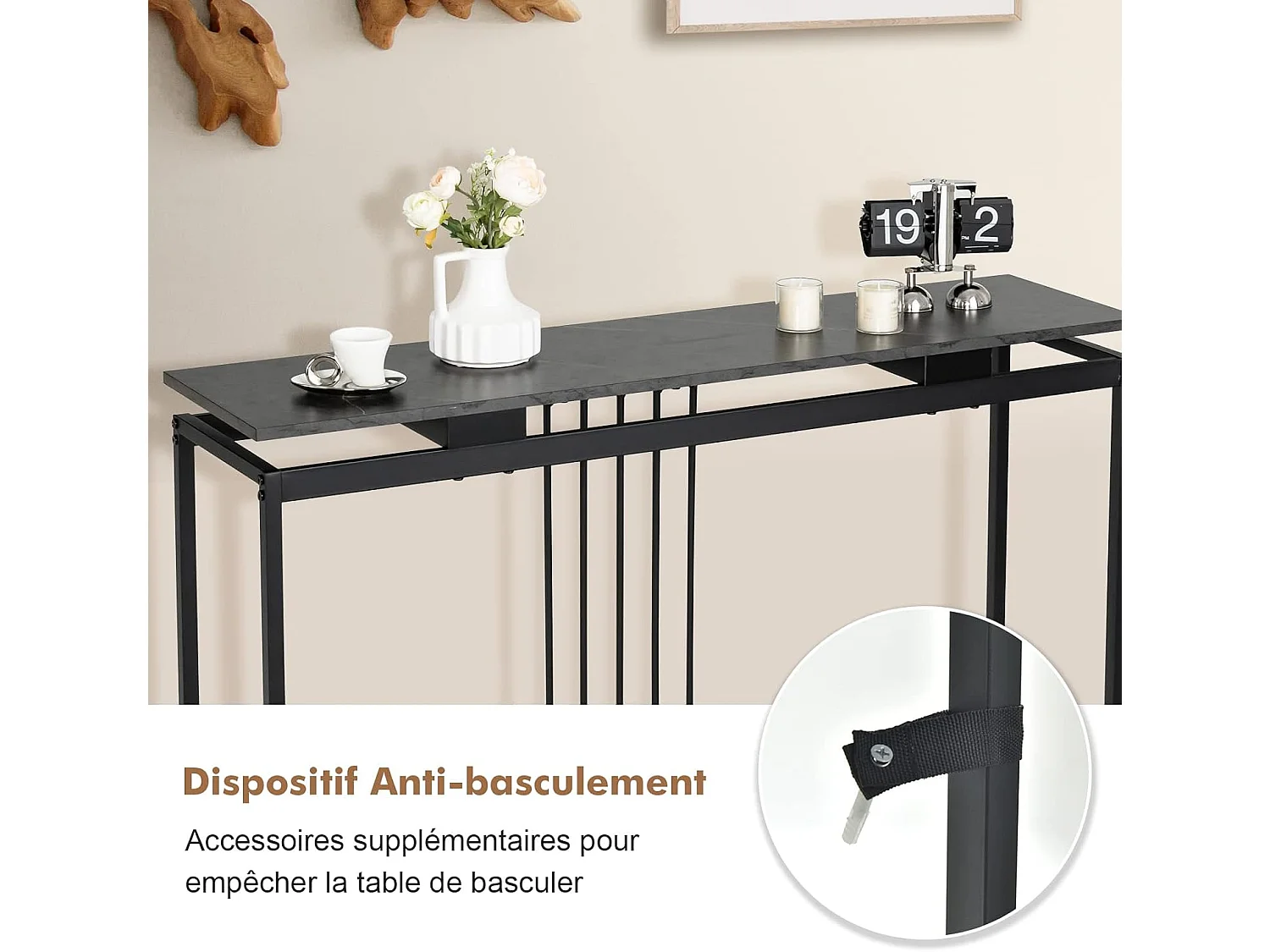 Table Console en Faux Marbre, Meuble Console Entrée avec Cadre en Acier Enduit de Poudre, Table d'Entrée avec Kit Anti-basculement pour Salon, Couloir, 120x30x90cm (Noir）