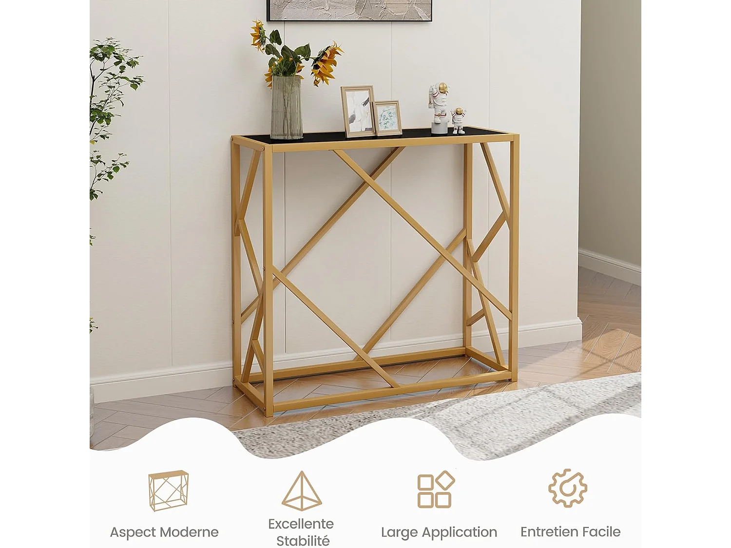 Console pour entrée avec plateau en verre trempé 80 cm, cadre en métal, 80 x 30 x 75 cm