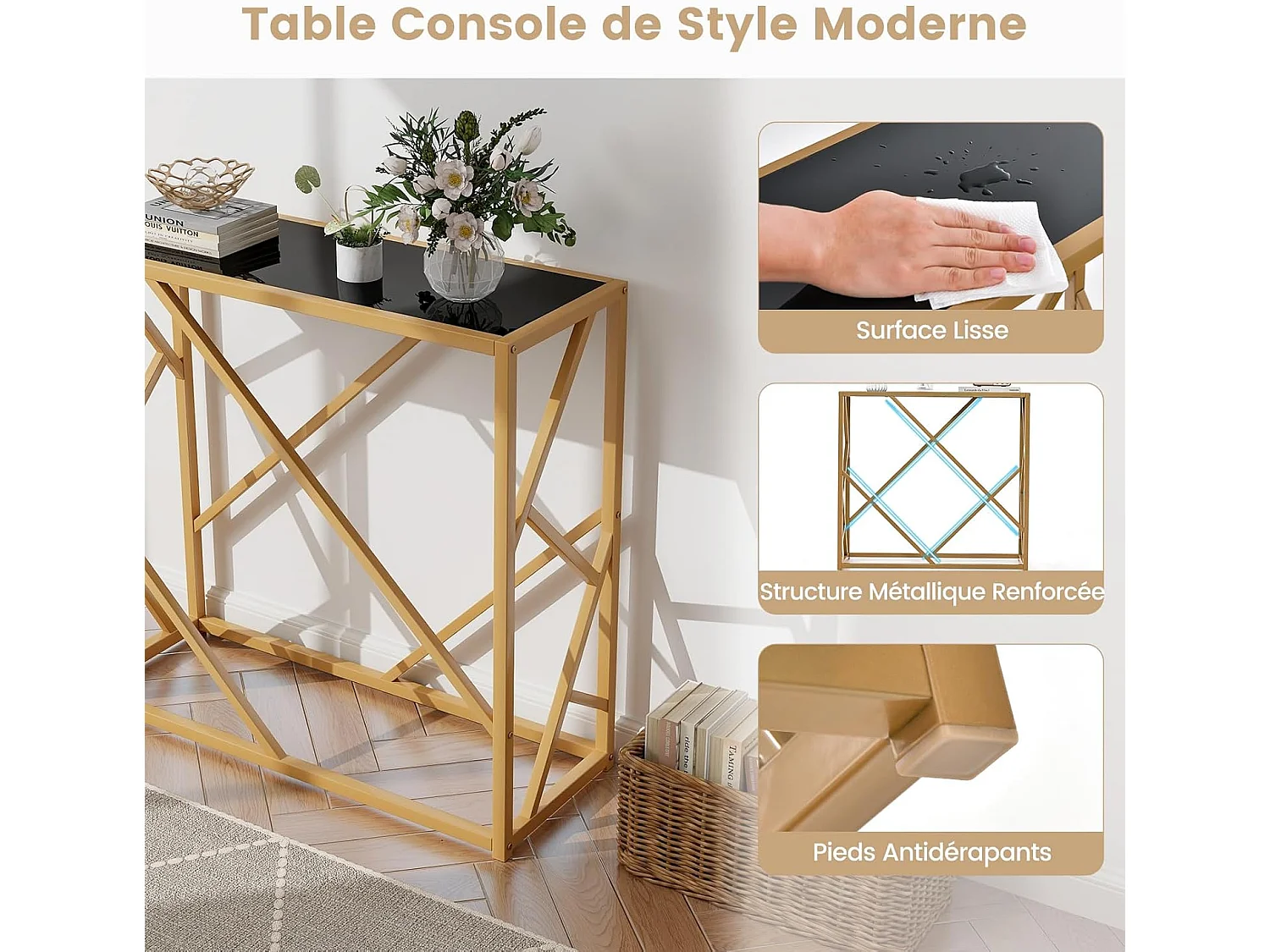 Console pour entrée avec plateau en verre trempé 80 cm, cadre en métal, 80 x 30 x 75 cm