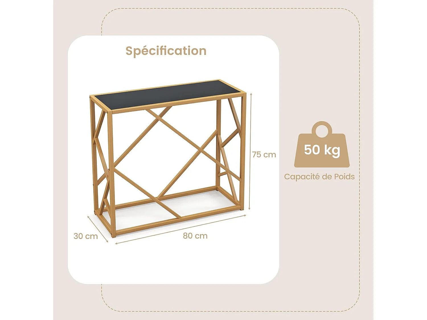 Console pour entrée avec plateau en verre trempé 80 cm, cadre en métal, 80 x 30 x 75 cm