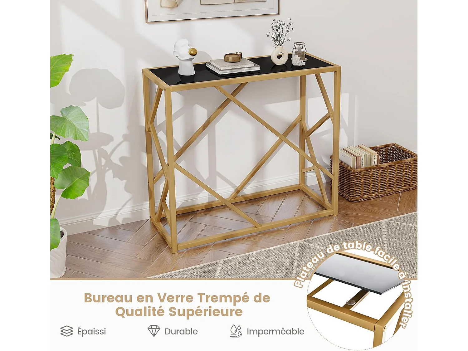 Console pour entrée avec plateau en verre trempé 80 cm, cadre en métal, 80 x 30 x 75 cm