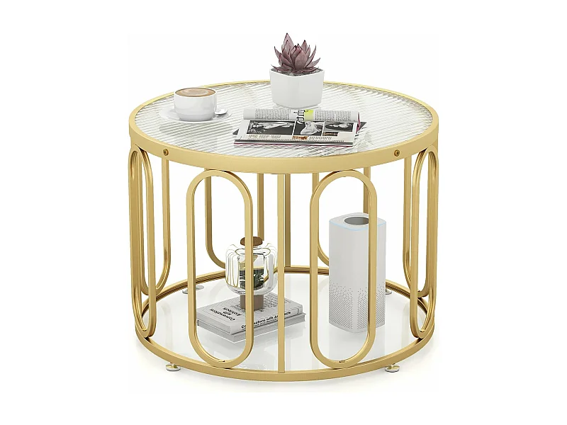 Table basse ronde, 2 niveaux, 8 supports pivotants ovales, 60,5 x 60,5 x 44,5 cm, doré