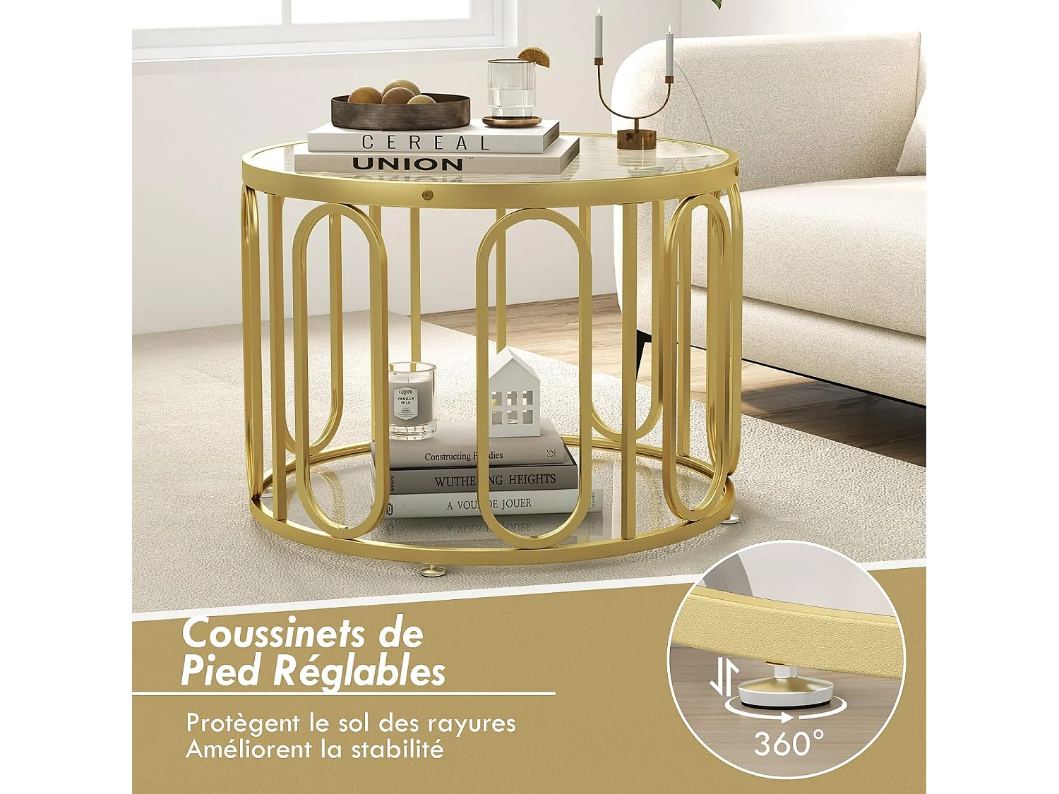 Table basse ronde, 2 niveaux, 8 supports pivotants ovales, 60,5 x 60,5 x 44,5 cm, doré