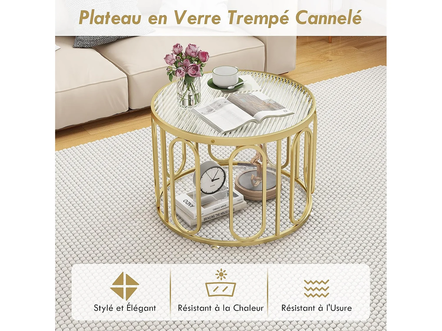 Table basse ronde, 2 niveaux, 8 supports pivotants ovales, 60,5 x 60,5 x 44,5 cm, doré