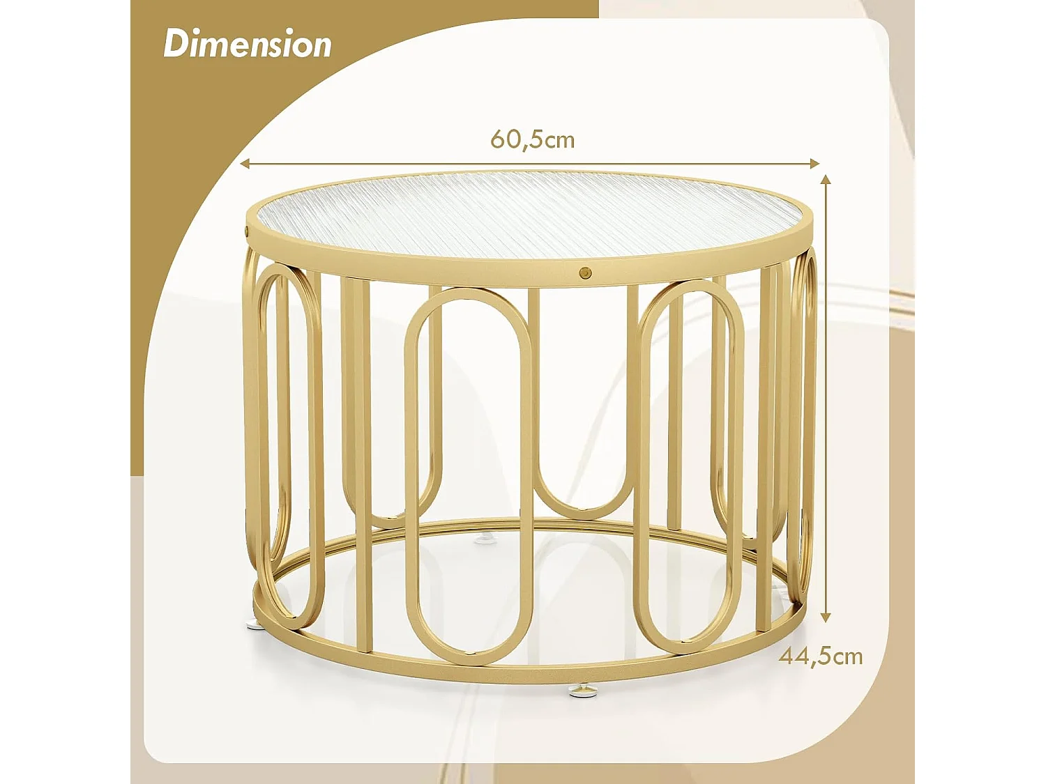 Table basse ronde, 2 niveaux, 8 supports pivotants ovales, 60,5 x 60,5 x 44,5 cm, doré