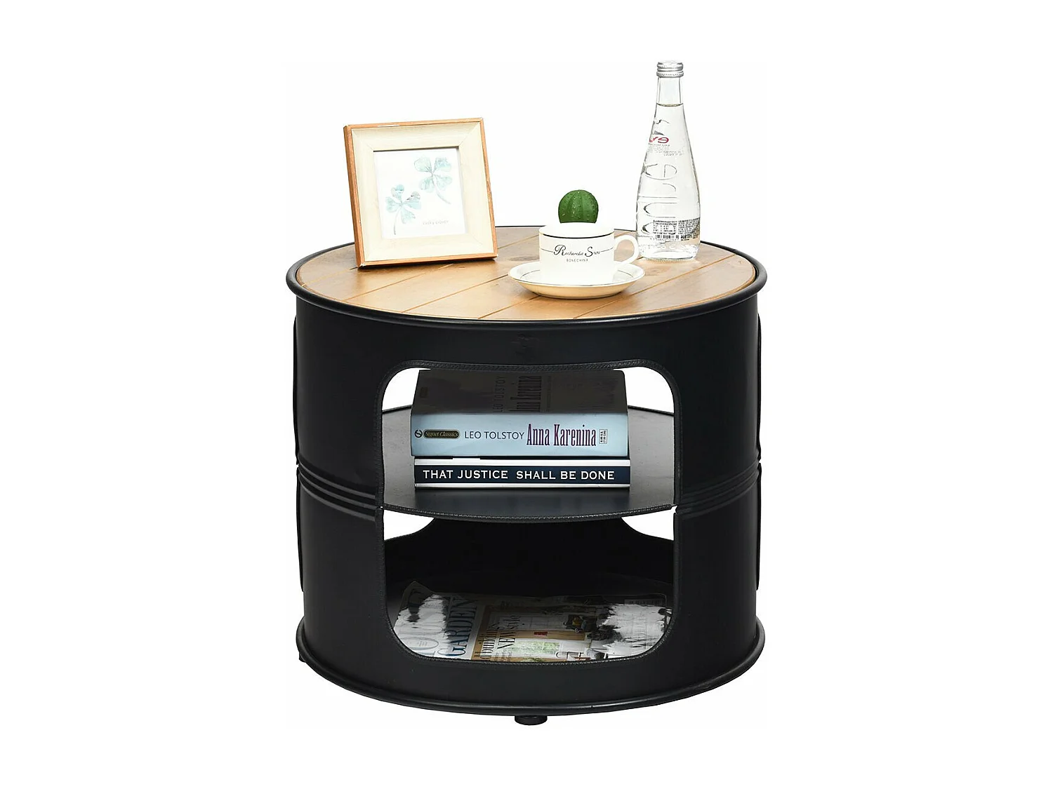 Ronde salontafel met metalen frame, opbergplanken met 3 niveaus, balkon