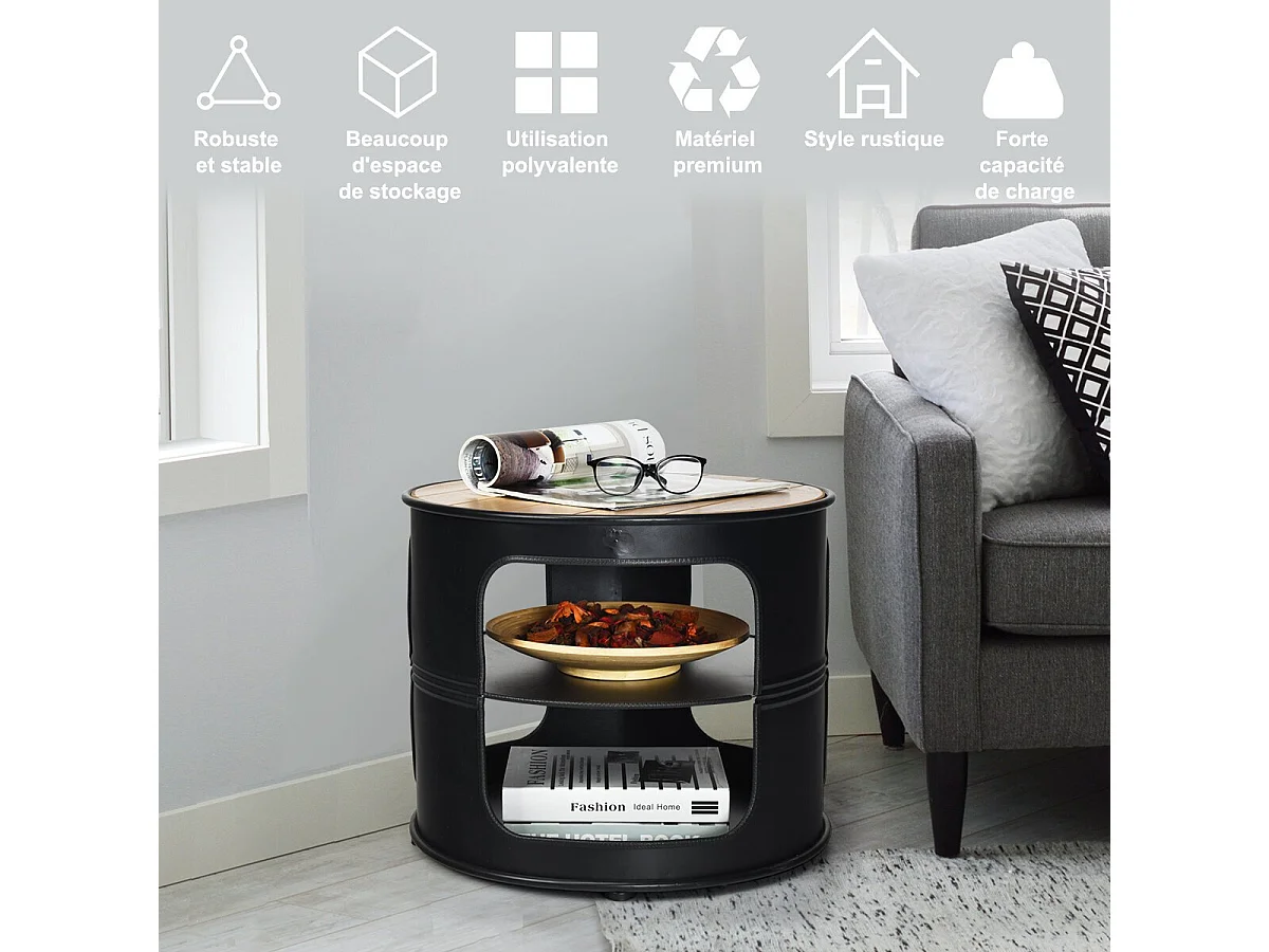 Ronde salontafel met metalen frame, opbergplanken met 3 niveaus, balkon