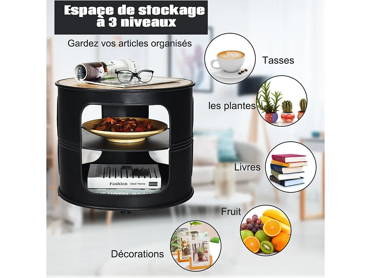 Ronde salontafel met metalen frame, opbergplanken met 3 niveaus, balkon