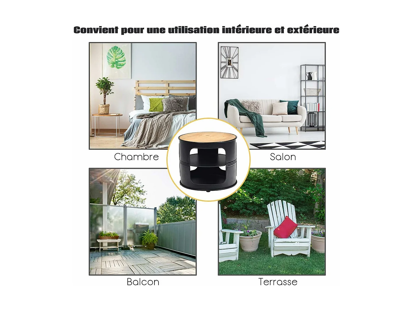 Ronde salontafel met metalen frame, opbergplanken met 3 niveaus, balkon