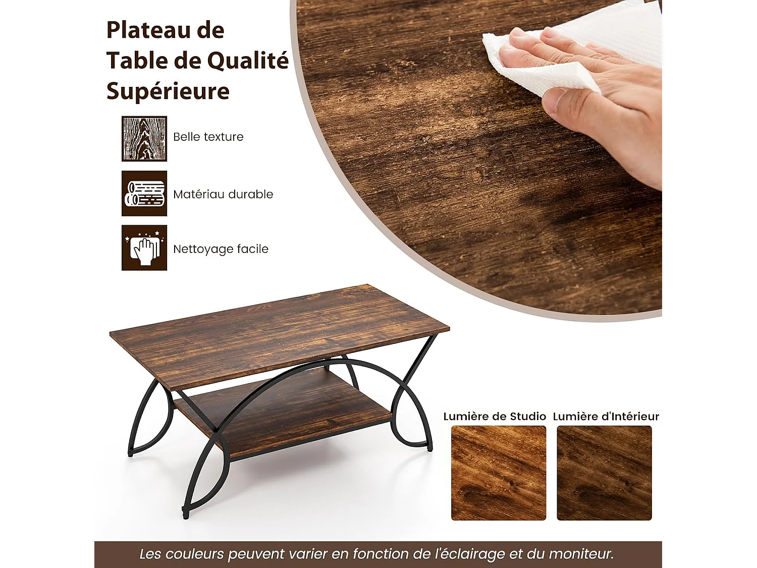 Table basse marbre à 2 niveaux, rectangulaire, 100 x 50 x 45 cm (marron rustique)