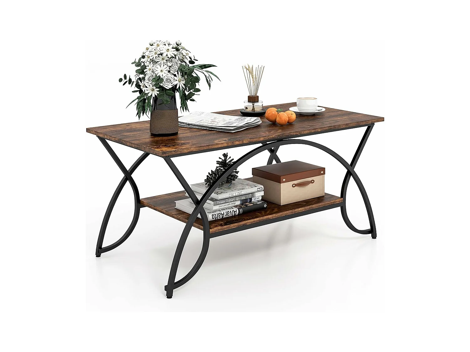 Table basse marbre à 2 niveaux, rectangulaire, 100 x 50 x 45 cm (marron rustique)