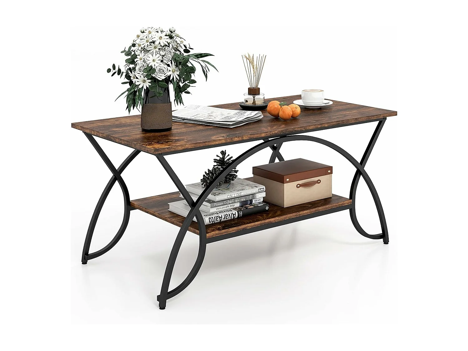 Table basse marbre à 2 niveaux, rectangulaire, 100 x 50 x 45 cm (marron rustique)