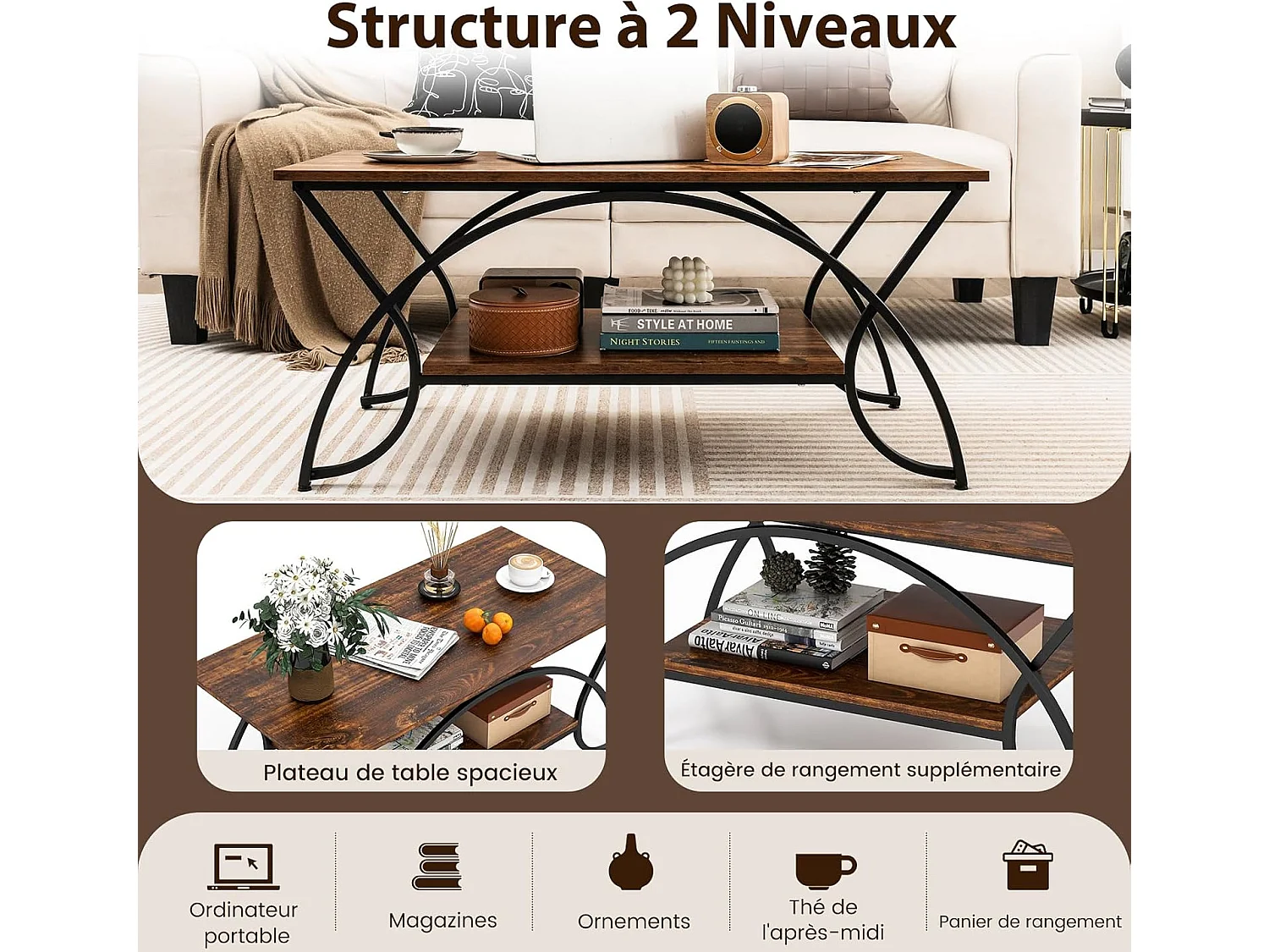 Table basse marbre à 2 niveaux, rectangulaire, 100 x 50 x 45 cm (marron rustique)