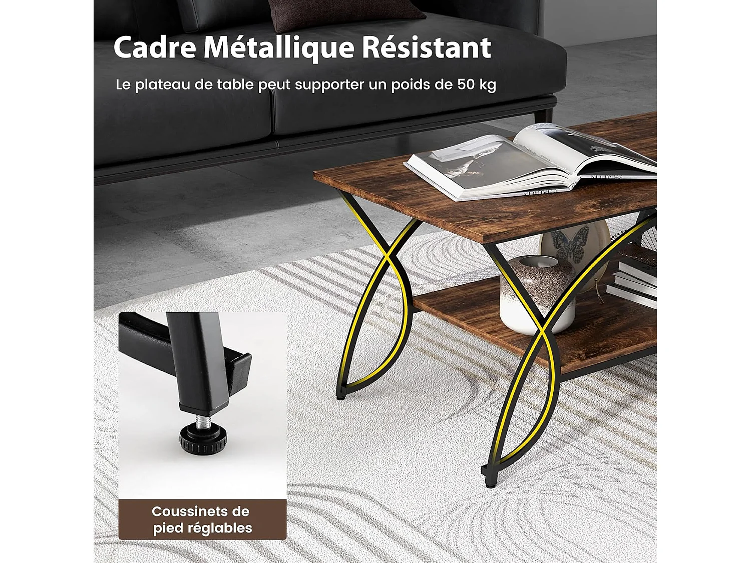 Table basse marbre à 2 niveaux, rectangulaire, 100 x 50 x 45 cm (marron rustique)