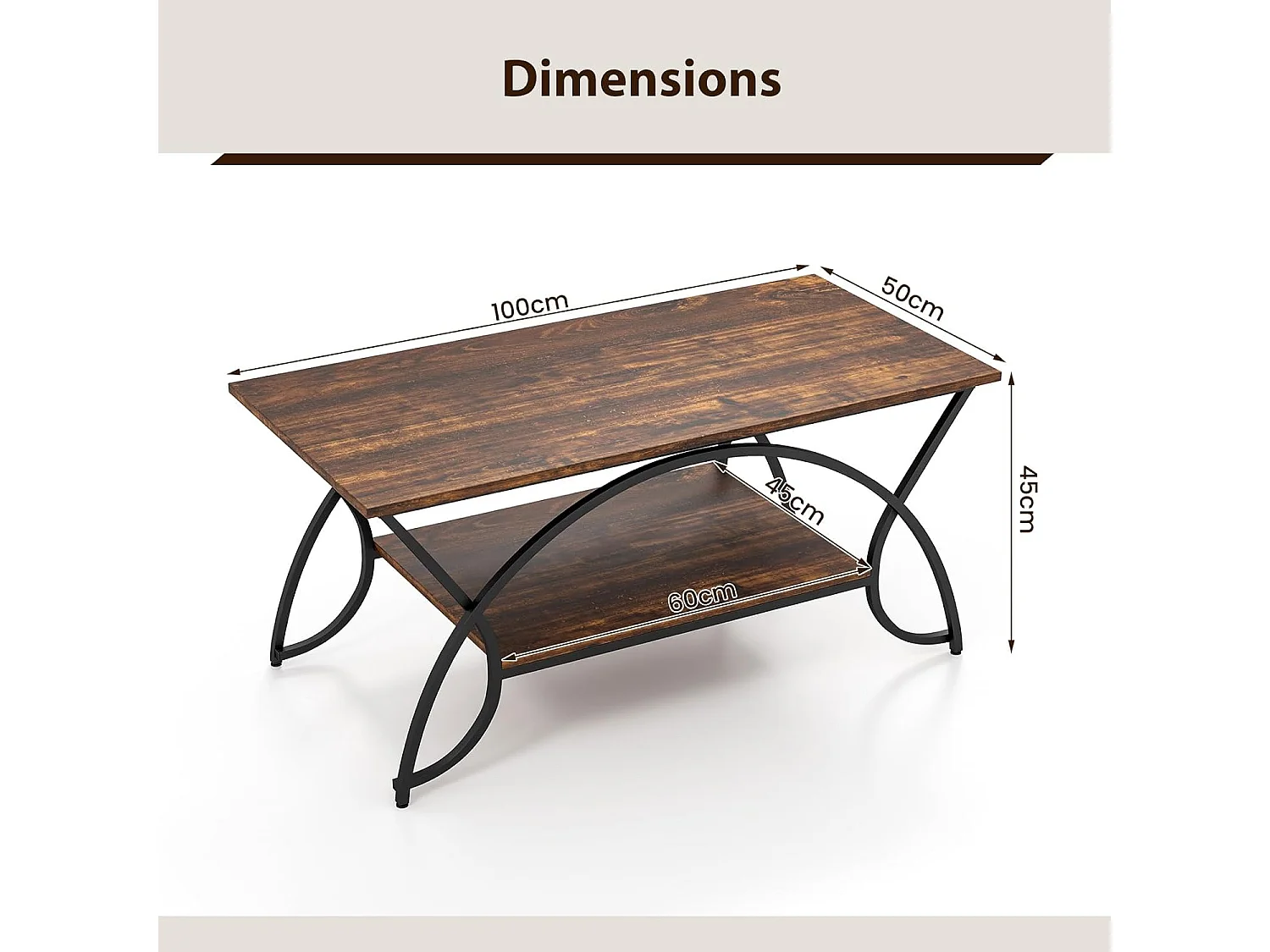 Table basse marbre à 2 niveaux, rectangulaire, 100 x 50 x 45 cm (marron rustique)