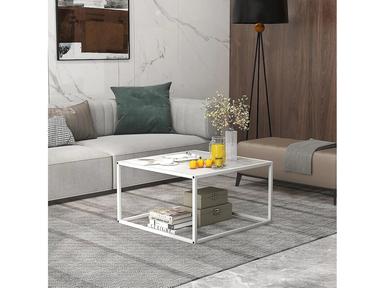 Table basse carrée, cadre métal, facile à installer, 70 x 70 x 40cm (blanc)