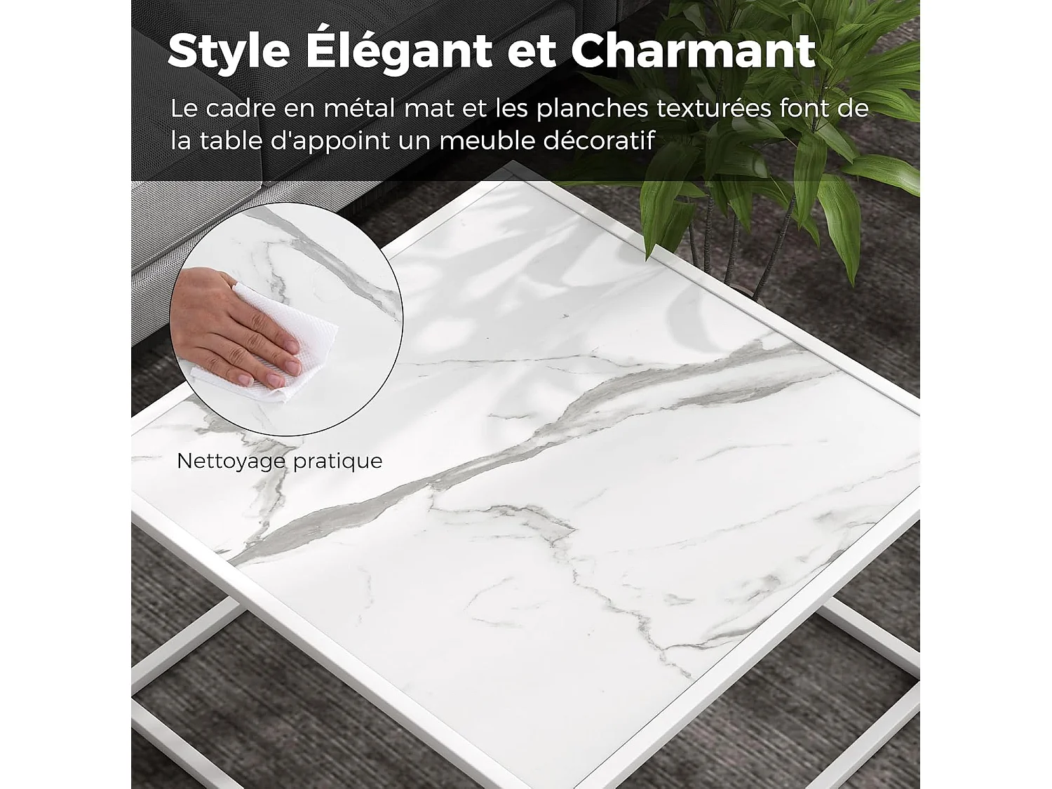 Table basse carrée, cadre métal, facile à installer, 70 x 70 x 40cm (blanc)