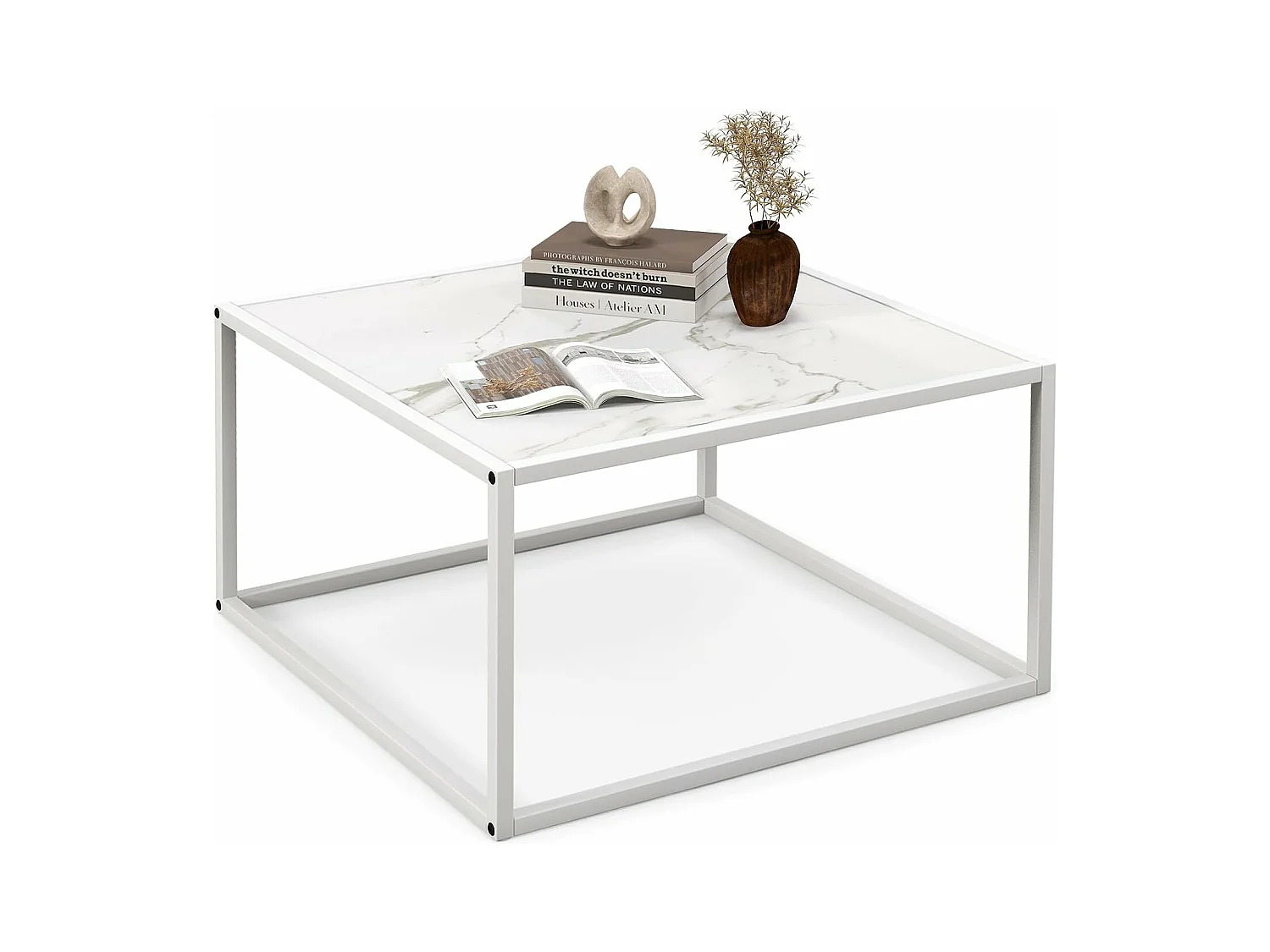Table basse carrée, cadre métal, facile à installer, 70 x 70 x 40cm (blanc)