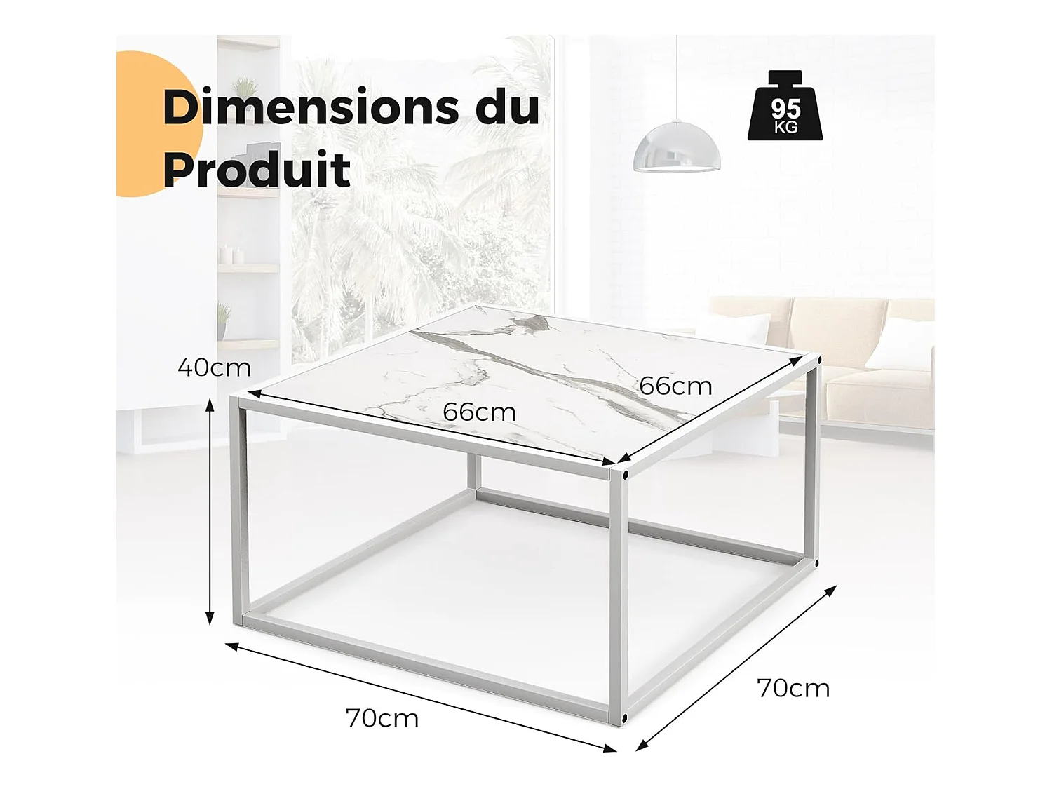 Table basse carrée, cadre métal, facile à installer, 70 x 70 x 40cm (blanc)
