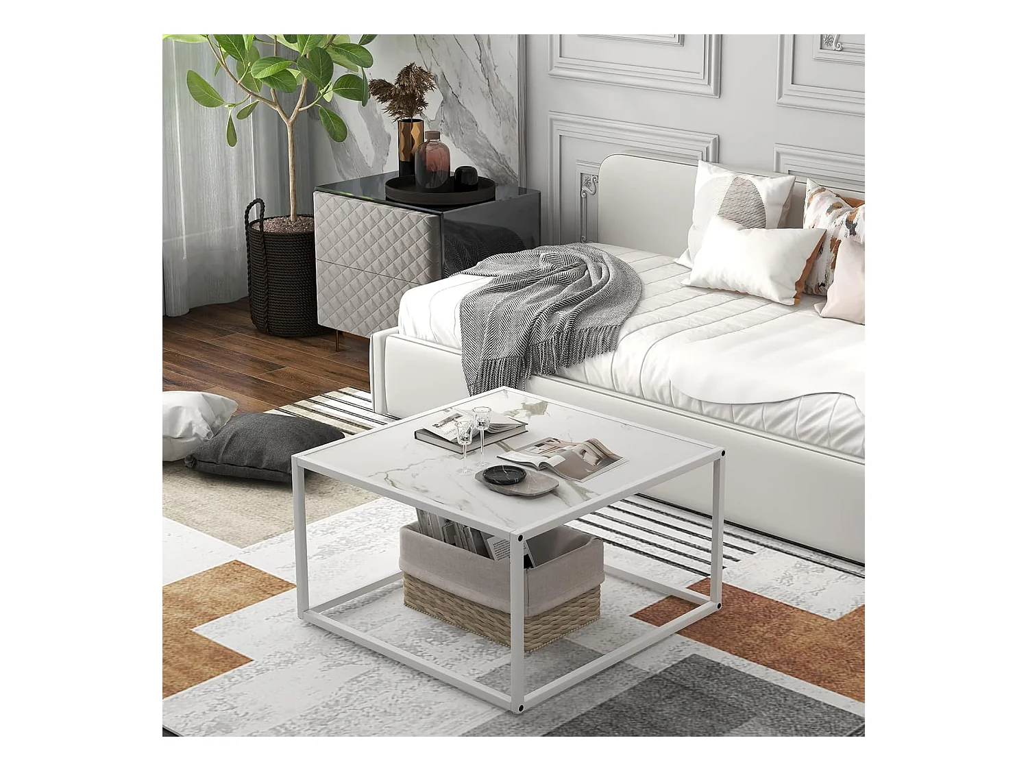 Table basse carrée, cadre métal, facile à installer, 70 x 70 x 40cm (blanc)