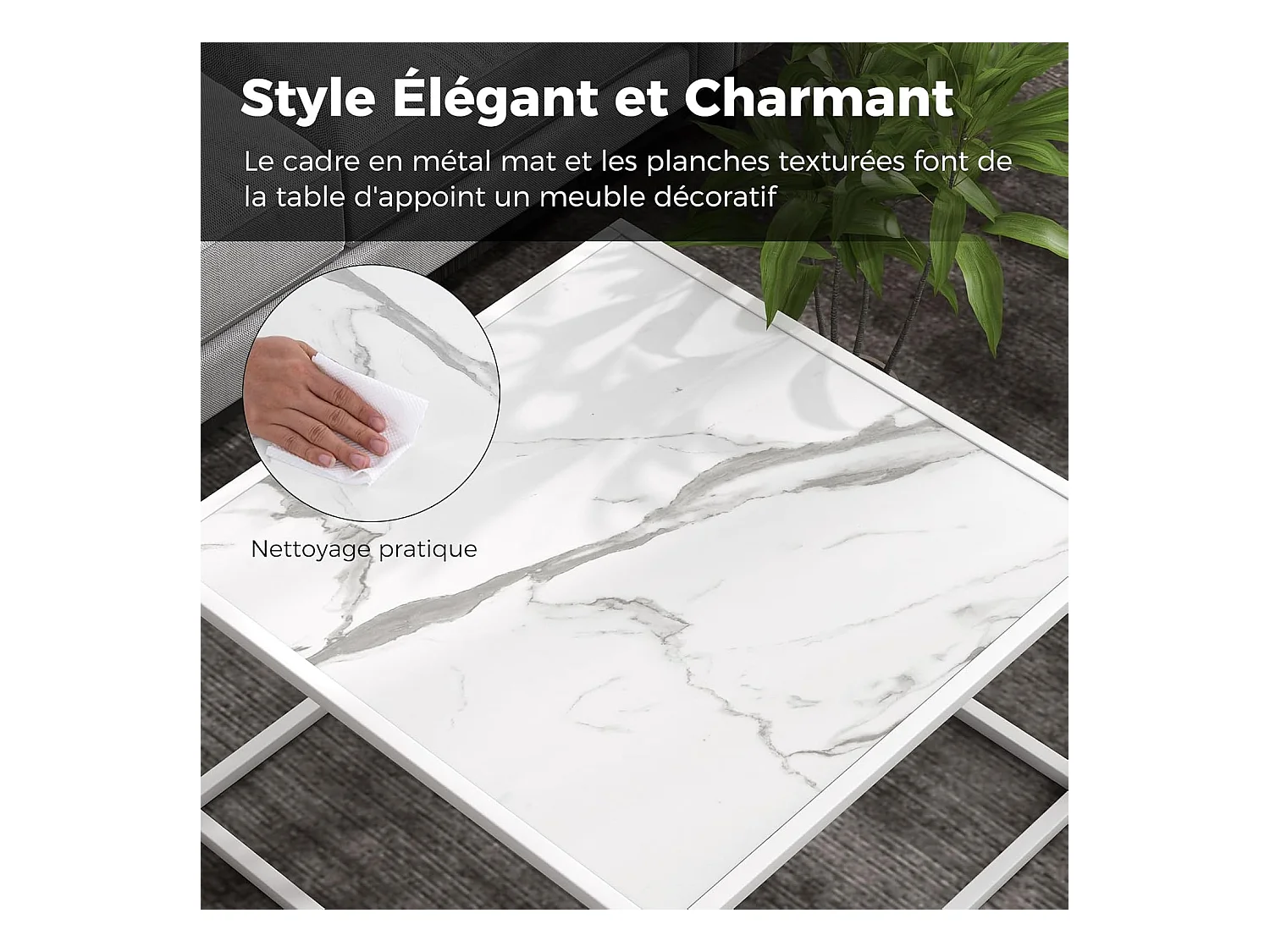 Table basse carrée, cadre métal, facile à installer, 70 x 70 x 40cm (blanc)