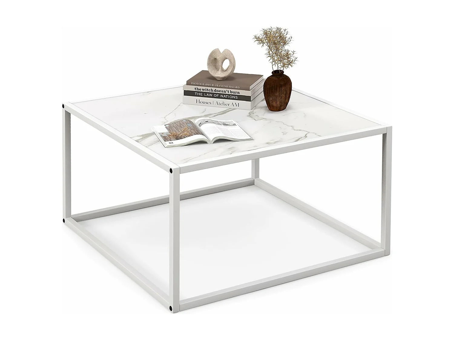 Table basse carrée, cadre métal, facile à installer, 70 x 70 x 40cm (blanc)