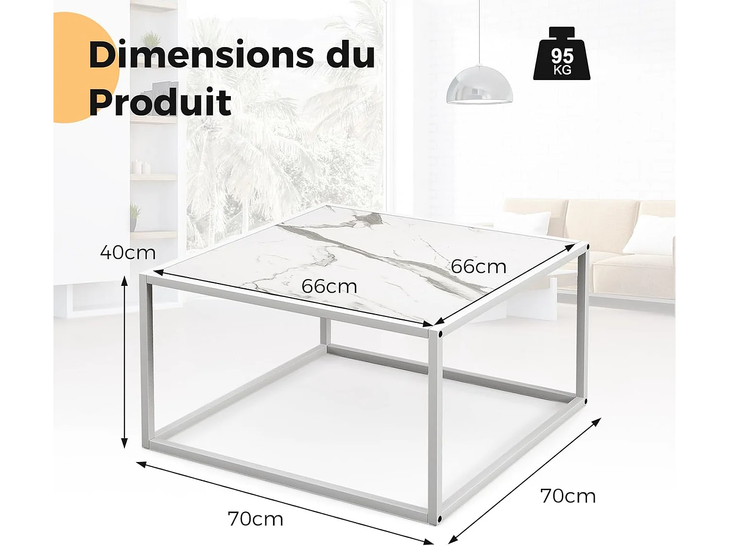 Table basse carrée, cadre métal, facile à installer, 70 x 70 x 40cm (blanc)