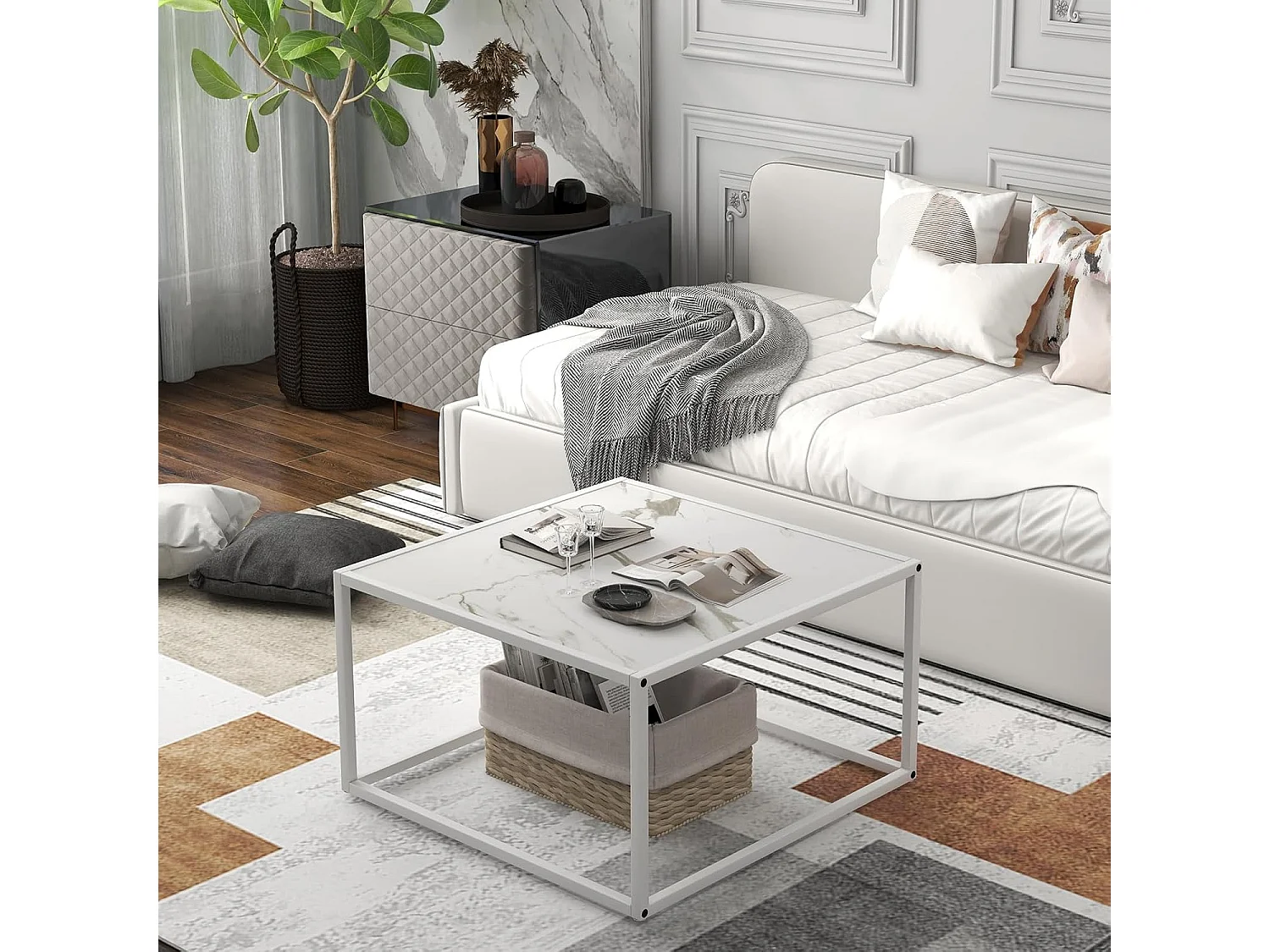 Table basse carrée, cadre métal, facile à installer, 70 x 70 x 40cm (blanc)