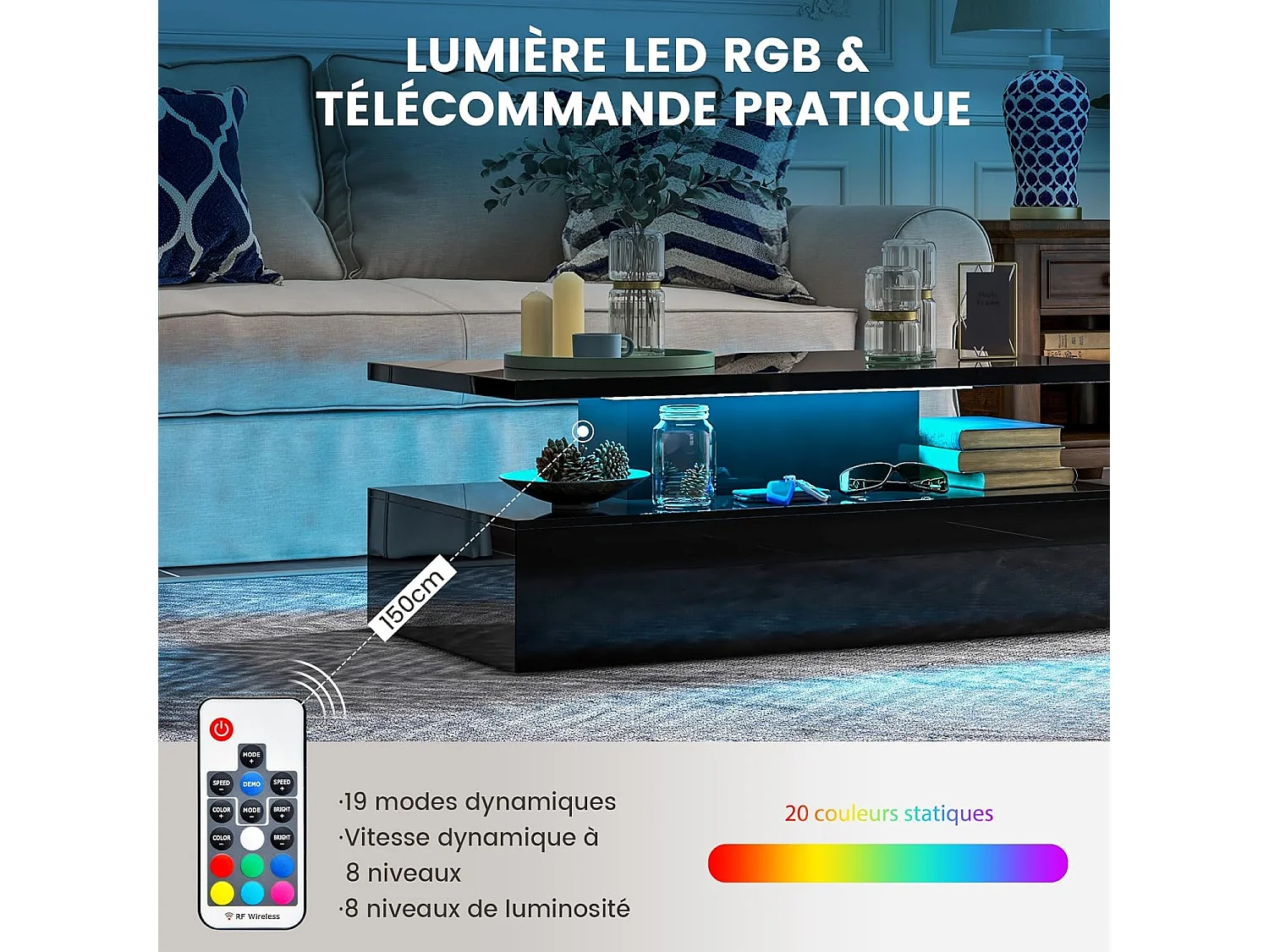 Table basse led, 20 lumières réglables avce télécommande, 19 modes dynamiques, noire