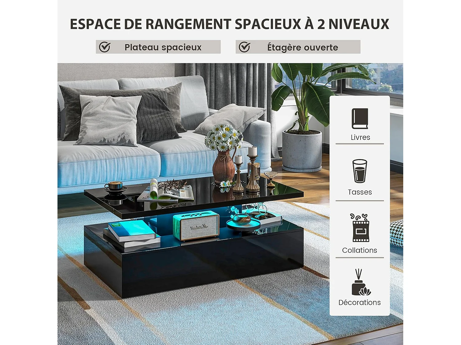 Table basse led, 20 lumières réglables avce télécommande, 19 modes dynamiques, noire