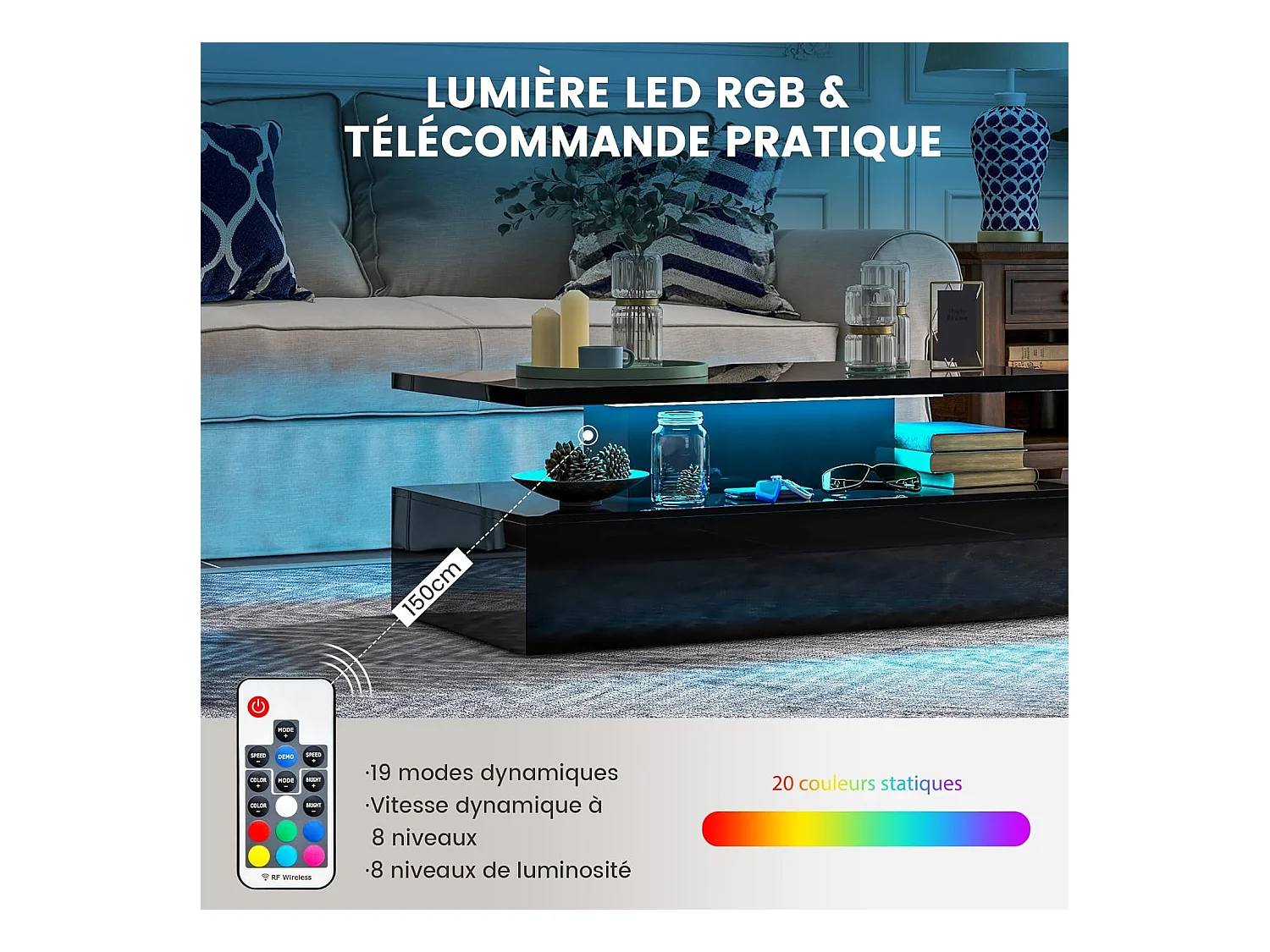 Table basse led, 20 lumières réglables avce télécommande, 19 modes dynamiques, noire