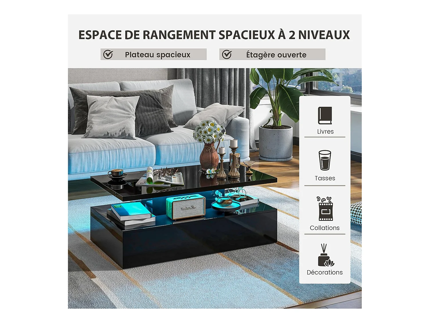 Table basse led, 20 lumières réglables avce télécommande, 19 modes dynamiques, noire