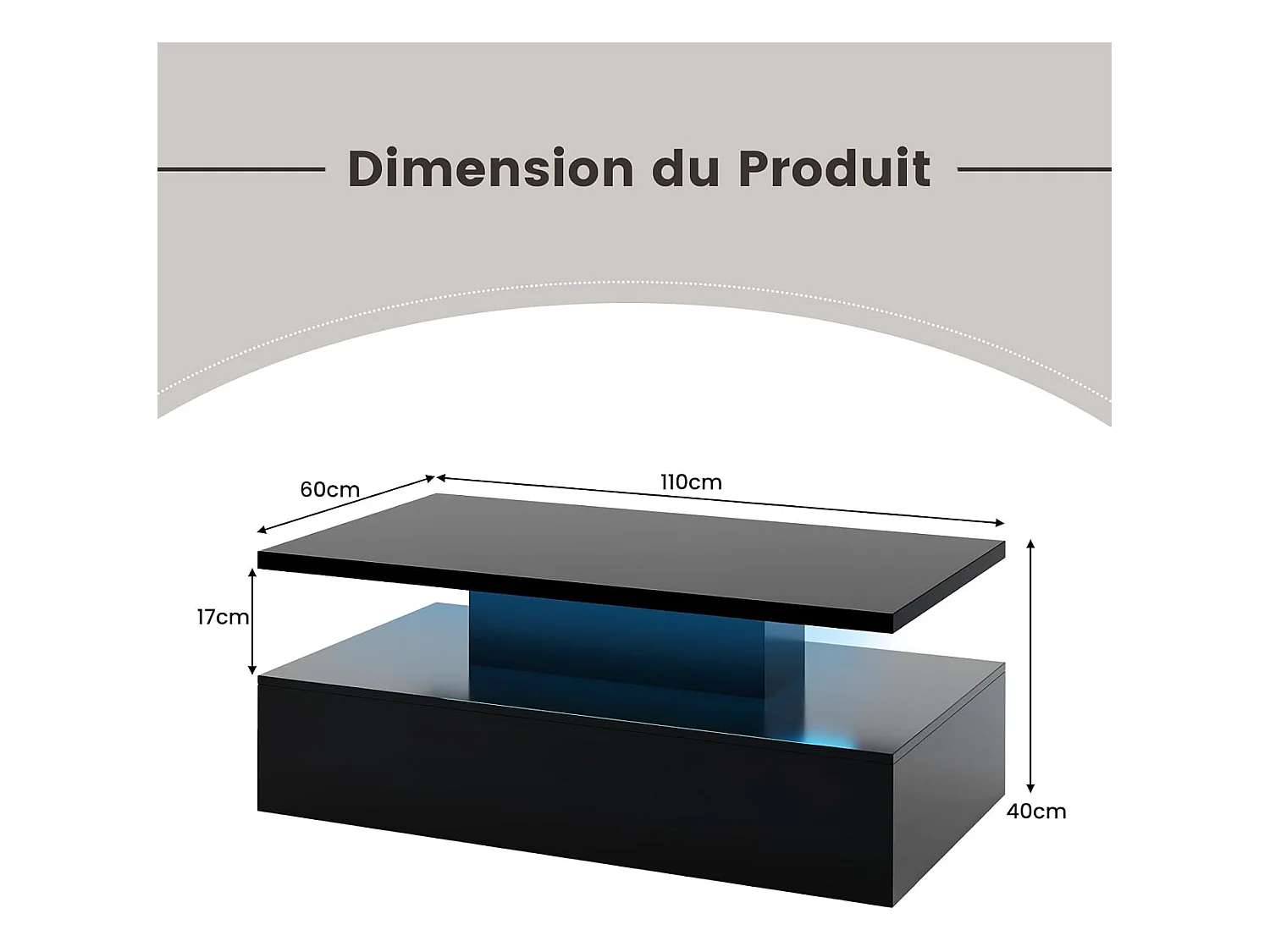 Table basse led, 20 lumières réglables avce télécommande, 19 modes dynamiques, noire