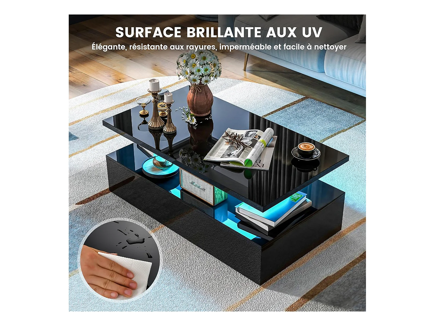Table basse led, 20 lumières réglables avce télécommande, 19 modes dynamiques, noire
