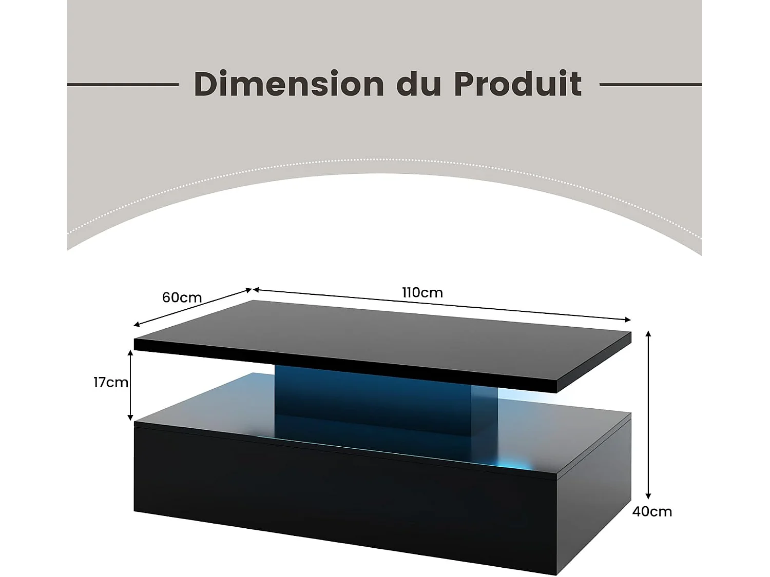Table basse led, 20 lumières réglables avce télécommande, 19 modes dynamiques, noire